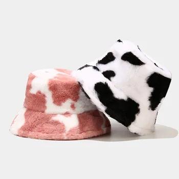 Новые зимние плюшевые шляпы-ведерки с принтом коровы для женщин, уличная теплая шапка, мягкая бархатная рыбацкая кепка, женская модная Панама