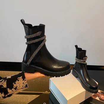 Новые кожаные ботинки ручной работы на толстой подошве, сверкающие кристаллами с водяным бриллиантом, увеличивающие стройность женских повседневных ботинок Martinn