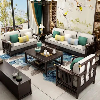 Новый китайский диван Современная простая классическая светлая роскошная мебель для гостиной в стиле дзен в сочетании с китайской мебелью из массива дерева и ткани