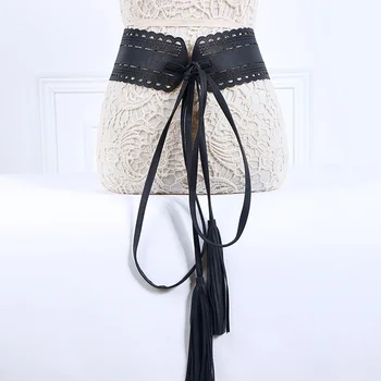 Новый модный женский кожаный полый Широкий пояс с длинной кисточкой, завязанный на пояс, аксессуары для украшения платья