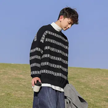 Новый осенне-зимний мужской свитер в японскую полоску, вязаный свитер, уличная одежда, Свободный пуловер, топы с круглым вырезом, трикотаж Harajuku A203