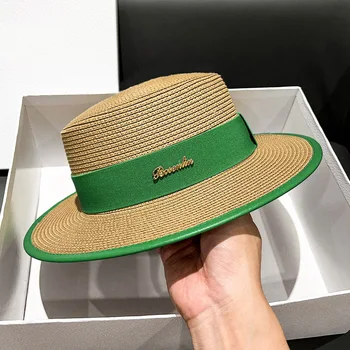 Новый тип соломенной шляпы с плоским верхом с буквенной маркировкой, женская весенне-летняя модная пляжная шляпа для пикника, защищающая от солнца
