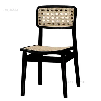 Обеденные стулья из массива дерева Минималистичная мебель для столовой Ретро обеденный стул Современная ротанговая спинка Стул для отдыха в ресторане