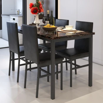 Обеденный набор из 5 предметов с мраморной столешницей, кухонный стол, 4 прочных темно-коричневых стульев с обивкой из искусственной кожи для кухни, завтрака