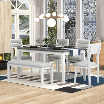 Обеденный стол из 6 предметов, деревянный прямоугольный стол, 4 стула, скамейка, современный кухонный гарнитур, сельский стиль фермерского дома, белый