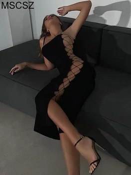 Облегающее платье с высоким разрезом на шнуровке, Женское Летнее платье Миди без рукавов, сексуальная повязка, Обтягивающие платья для вечеринок в ночном клубе, черное