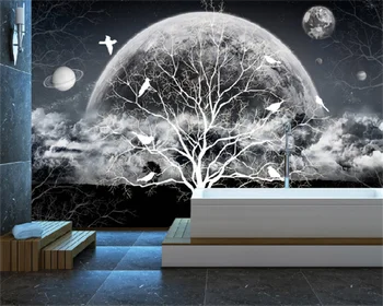 Обои на заказ Европейское ретро черно-белое звездное небо абстрактное дерево летящая птица фон дивана для гостиной настенная роспись