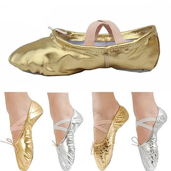 Обувь для девочек для танцев, Детская гимнастика на пуантах, Детские балетки из искусственной кожи с блестками, Размер 25-36