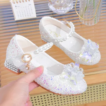 Обувь принцессы Leatehr для девочек; Свадебные Детские туфли на высоком каблуке с блестящим кристаллом и большим бриллиантом; Детская танцевальная вечеринка; Обувь для студенческих выступлений;