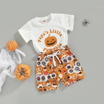 Одежда для новорожденных мальчиков и девочек из 2 предметов, футболка с короткими рукавами и принтом тыквы/ призрака, короткие брюки, детская одежда