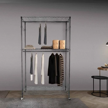 Органайзер для шкафа со штангой 2 уровня, Вешалка для одежды, Вешалка для хранения одежды, Крючки для полок, Черный