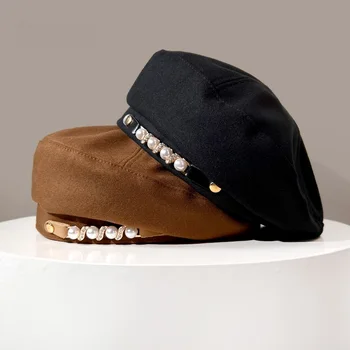 Осенне-зимняя женская винтажная шляпа-берет с плоским верхом в новом стиле, жемчужная винтажная шляпа