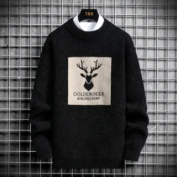 Осенние винтажные свитера 2023, мужской вязаный свитер Оверсайз, мужской пуловер с принтом Оленя, хип-хоп Harajuku, белый бархатный свитер с подкладкой