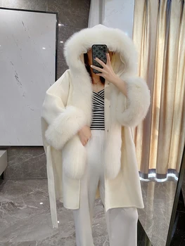 Осень-зима 2023, Новая Корейская версия Двухстороннего кашемирового пальто Средней длины, Женская накидка из лисьего меха, шерстяное пальто, Шерстяное пальто