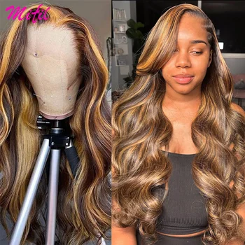 Парик HD Highlight 360 Полных кружевных фронтальных париков Бразильский Медовый блондин, парики из человеческих волос коричневого цвета, Омбре, объемная волна, кружевной парик спереди