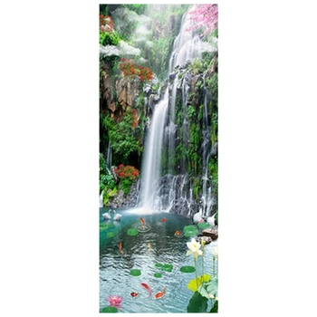 Парк Водопад Дверные наклейки Бассейн с лотосом 3D Настенное искусство Виниловая фреска Украшение дома Цветы с горной водой Плакат Обои 77*200СМ