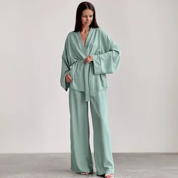 Пижамный комплект из двух предметов, женская однотонная пижама с длинным рукавом, элегантная пижама с уздечкой, женские комплекты для офиса с V-образным вырезом