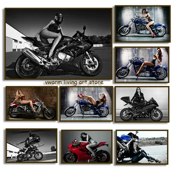 Плакат с горячими сексуальными девушками и мотоциклом Yamaha, HD Печать, украшение стен, произведение искусства, холст, картина, Декор комнаты для любителей мотоциклов