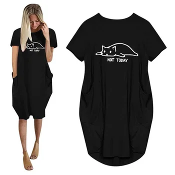 Платье с коротким рукавом и буквенным принтом Cat Not Today, карманы в стиле Харадзюку, винтажное платье больших размеров, летнее женское милое платье-пуловер