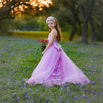 Платья для первого причастия, украшенные кружевным бантом, наклейки, Розовое платье принцессы-ангела, свадебная вечеринка для девочек-цветочниц, подарок для детей мечты