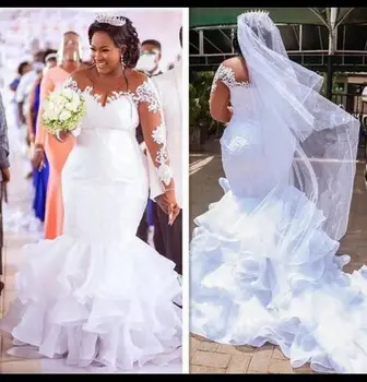 Плюс Размер Свадебные Платья Русалки Винтажные Африканские С Длинными Рукавами И Кружевными Аппликациями Свадебные Платья Vestidos De Novia