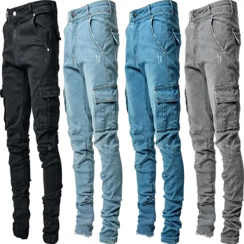Повседневные модные мужские брюки-карго с несколькими мешками в европейском стиле, облегающая джинсовая одежда-карго explosion