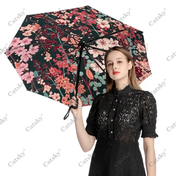 Полностью Автоматический трехстворчатый зонт Sakura Cherry Blossom с черным покрытием для защиты от ультрафиолета, женский зонтик от дождя
