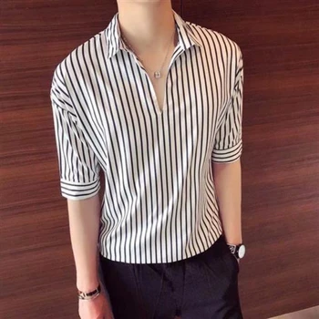Полосатая мужская рубашка и блузка с коротким рукавом, Азиатский мужской топ, Элегантный повседневный Обычный летний дизайнер Xxl, новинка в классной винтажной одежде I