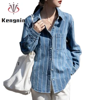Полосатые женские джинсовые рубашки на весну-осень 2023 года, винтажная женская блузка, женские топы с длинным рукавом, повседневная одежда, Свободная блузка KN609