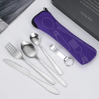 Портативный набор из 5 предметов с ложкой и вилкой из нержавеющей стали, набор ножей для стейка, дорожная посуда, набор ложек и вилок, столовая посуда
