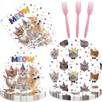 Принадлежности для празднования Дня рождения в кошачьей тематике, посуда для празднования Дня рождения кошки, включая бумажные тарелки, вилки для салфеток.