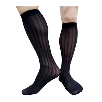 Прозрачные Тонкие Мужские Длинные Носки до колен, Прозрачные Сексуальные чулки-трубки, полосатые черные Темно-синие Модные мужские носки