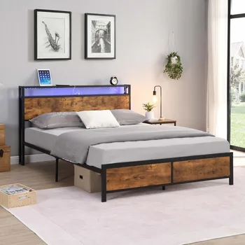 промышленный каркас кровати со светодиодной подсветкой и 2 USB-портами, каркас кровати с местом для хранения, бесшумный, коричневый в деревенском стиле