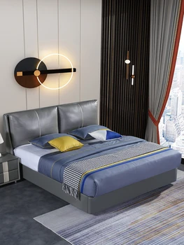 Простая кровать из мягкой кожи, итальянский минимализм, хранение из массива дерева, легкая роскошь, скандинавская основная и дополнительная двуспальная кровать размера 