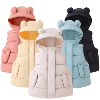 Пуховый жилет для девочек, детская куртка без рукавов, Модная верхняя одежда с ушками для младенцев, Жилет с капюшоном для мальчиков, одежда для малышей для девочек, пальто