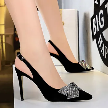 Размер 34-43, вечерние туфли-лодочки с кристаллами в виде бабочки, женская модная обувь, сандалии из флока с острым ремешком сзади, женские туфли на высоком каблуке, черные