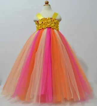 Разноцветное длинное платье-пачка с цветами для девочек, связанное крючком, Детское бальное платье из пушистого тюля ручной работы с бантом из ленты, детское дешевое праздничное платье
