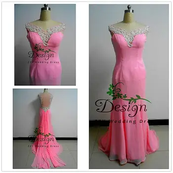 Реальные изображения Розовое Шифоновое Платье С V-образным вырезом И Аппликациями, Расшитое бисером, Vestido de fiesta, длинное платье Со шлейфом 