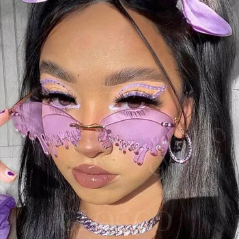 Ретро Фиолетовые женские солнцезащитные очки без оправы, металлическая Маленькая оправа, очки тонированных цветов, модные Роскошные дизайнерские солнцезащитные очки для веселых вечеринок