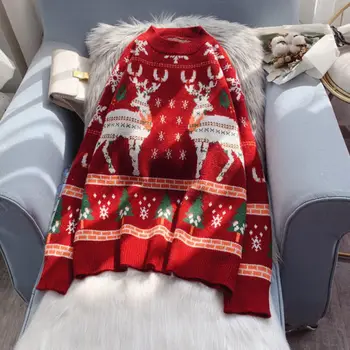 Рождественский свитер с круглым вырезом, женский свободный милый олень, новинка осени и зимы, женская трикотажная нижняя рубашка в ленивом стиле, ins