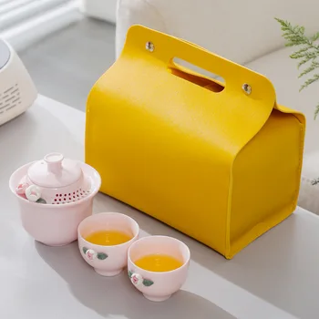 Розовый дорожный чайный сервиз кунг-фу ручной работы, набор керамических чайных чашек для замешивания цветов, женский чайник и набор чашек, переносная сумка для хранения на открытом воздухе