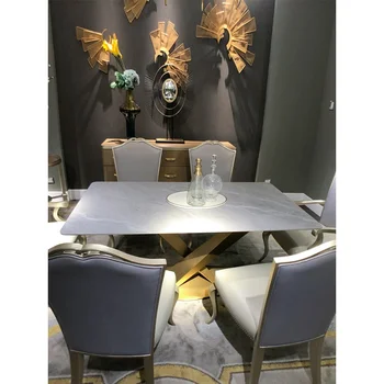 Роскошная комбинация сланцевого обеденного стола и стула Итальянский бытовой прямоугольный мраморный современный простой обеденный стол для гостиной