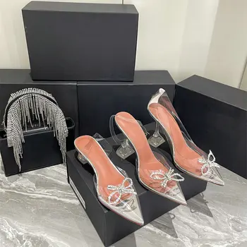 Роскошные босоножки, женские туфли-лодочки, прозрачные туфли на высоком каблуке из ПВХ, пикантные свадебные туфли без застежек с острым носком, брендовая модная женская обувь для вечеринки
