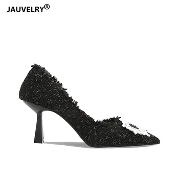 Роскошные дизайнерские туфли-лодочки со стразами и квадратной пряжкой, женские туфли на высоком каблуке из ткани с острым носком, Элегантные вечерние свадебные туфли