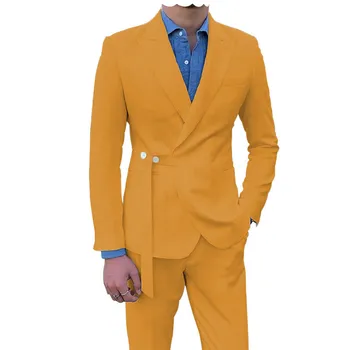 Роскошные мужские костюмы в складку, дизайнерские приталенные костюмы из 2 предметов с брюками, синий блейзер, платье для выпускного вечера, молодежный мужской повседневный костюм Ternos