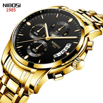 Роскошные Мужские часы NIBOSI Модный бренд Деловые мужчины Золотые Кварцевые часы Водонепроницаемый Хронограф Спортивные наручные часы Relogio Masculino
