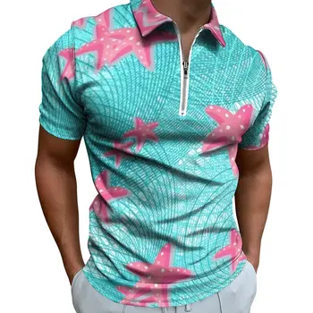 Рубашки поло с милым животным принтом, Розовая повседневная рубашка в виде морской звезды, Летние забавные мужские футболки с короткими рукавами и застежкой-молнией