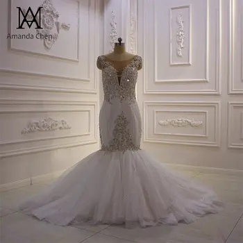 свадебное платье с кружевной аппликацией в виде русалки с блестками на рукавах