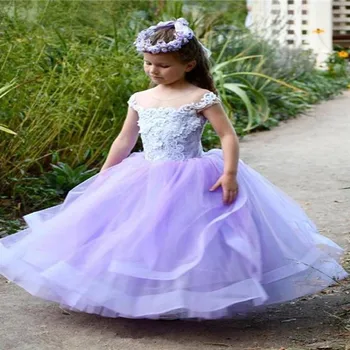 Свадебные платья для девочек-цветочниц цвета Лаванды С прозрачным вырезом И кружевными аппликациями, вечерние платья 3d-принцесс, Праздничная одежда для причастия Первой девушки