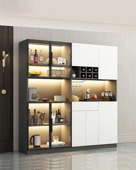 Светлая роскошная стеклянная дверь, обеденный шкаф, винный шкаф, комбинированная гостиная, современная минималистичная кухня с облицовкой стен, столовая